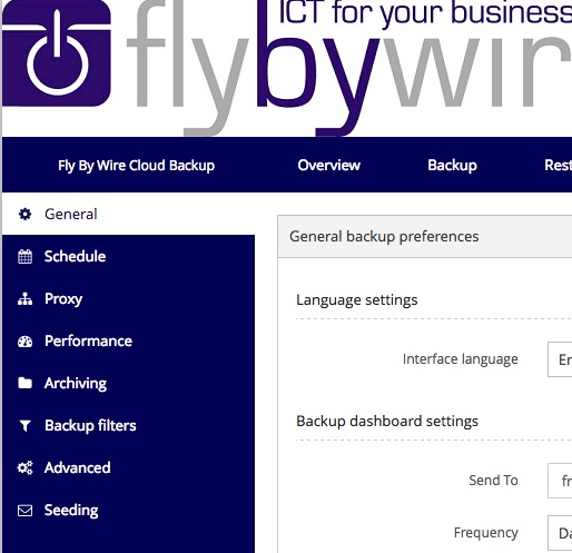 Fly By Wire Cloud Backup user interface